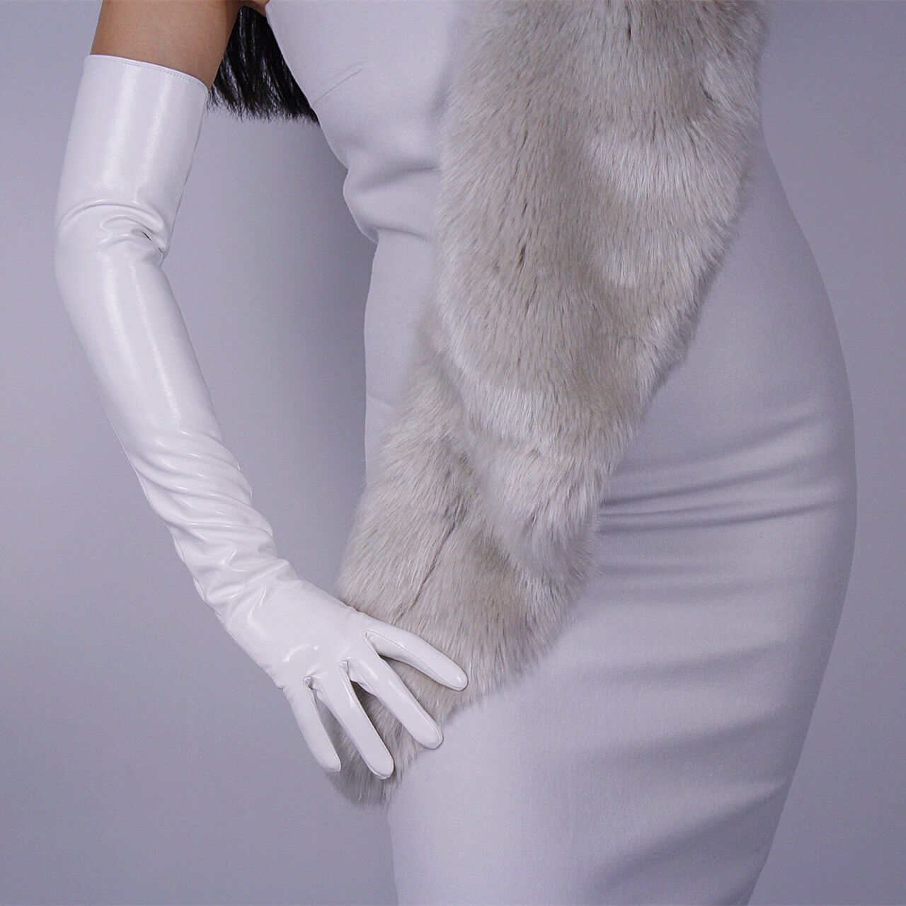 LATEX LONG GLOVES Shine Leather Faux Patent PU 24" 60cm Stretch Bright White