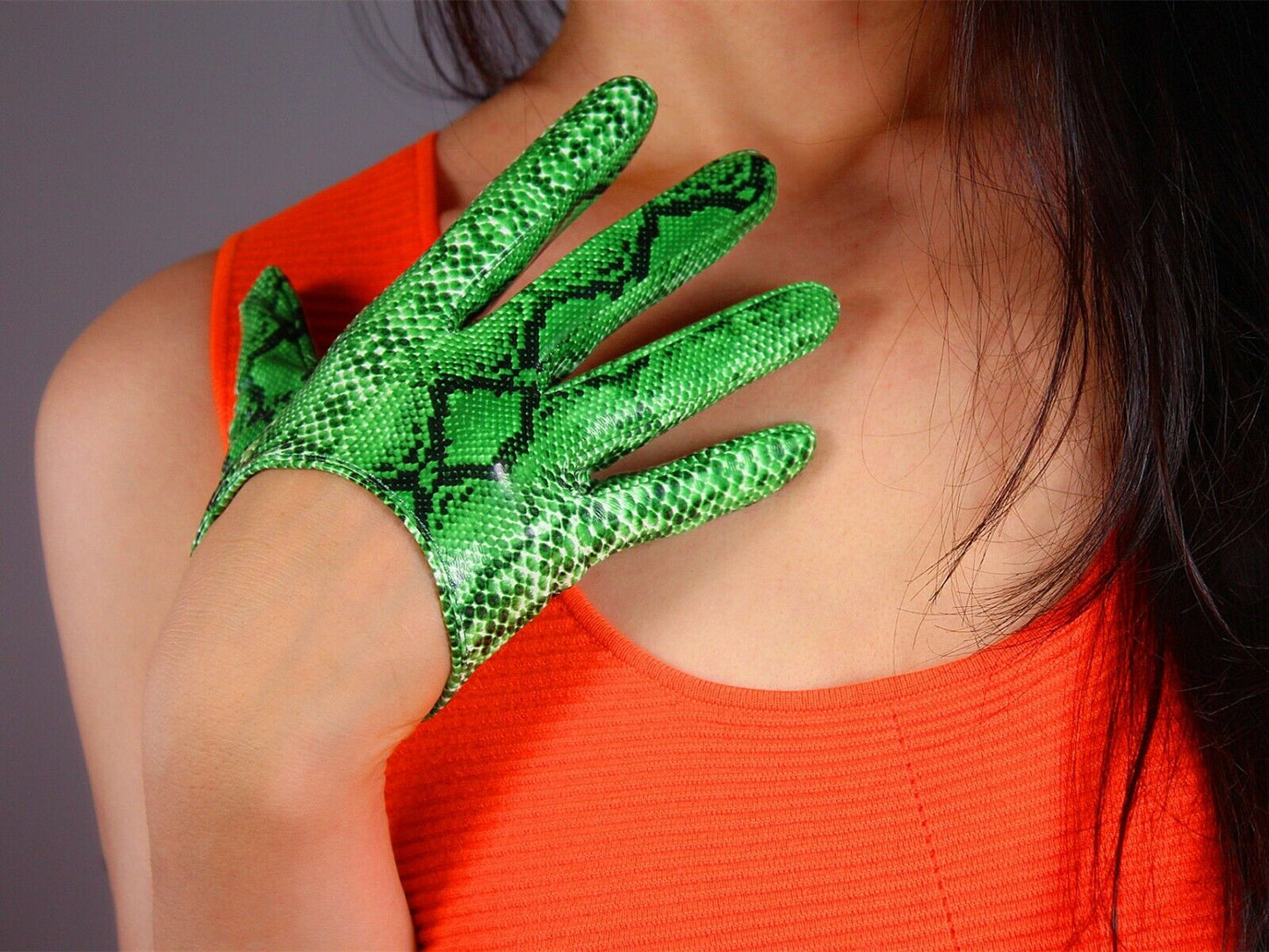 LATEX SHORT GLOVES Shine Leather PU 6" 13cm Animal Print Snakeskin Python Green