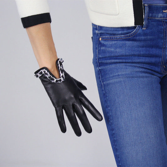 TECH GLOVES Real Leather Short Wrist Black Lambskin Sheepskin with Silver Chain