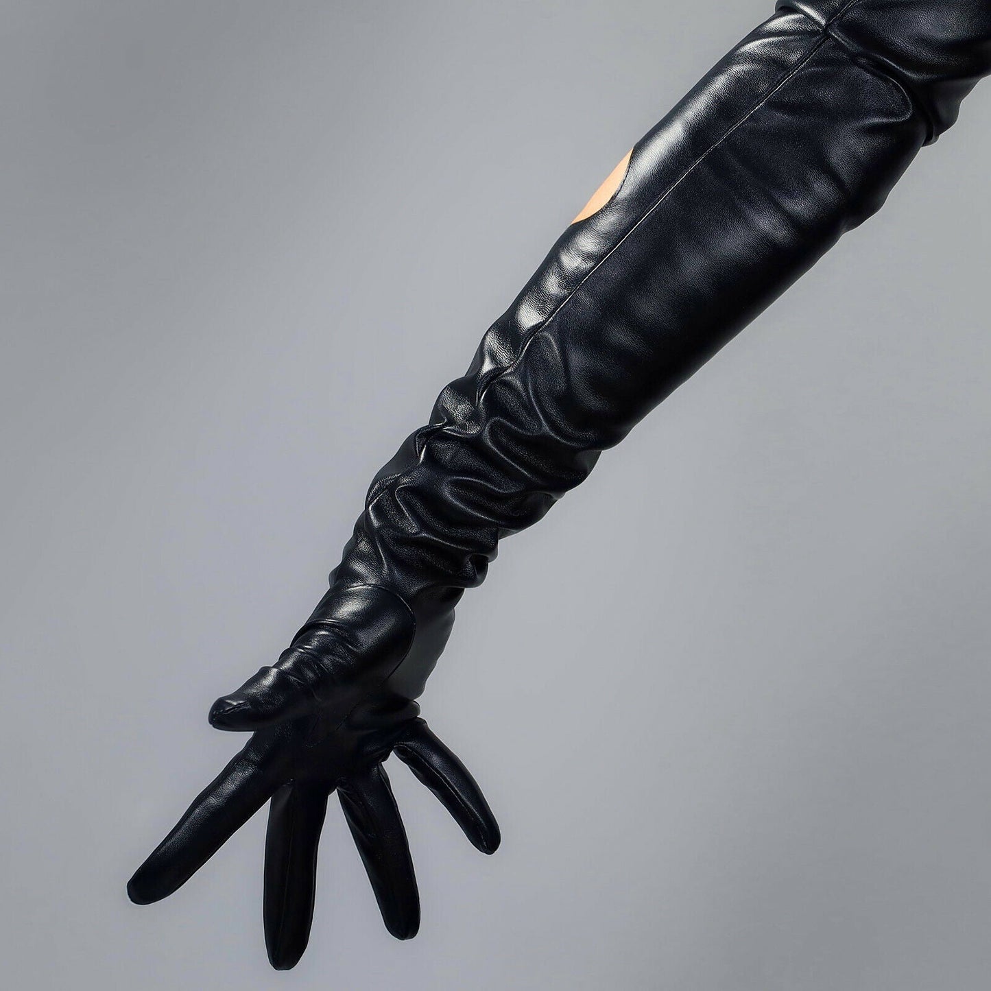 TECH LONG GLOVES Faux Leather PU 28" 70cm Black Extra Long Fitted Cut Out Circle