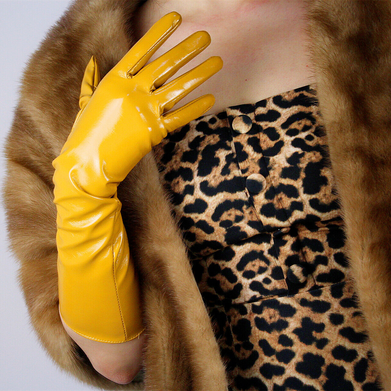 LATEX LONG GLOVES Shine Leather Faux Patent PU 16" 40cm Opera Mustard Yellow