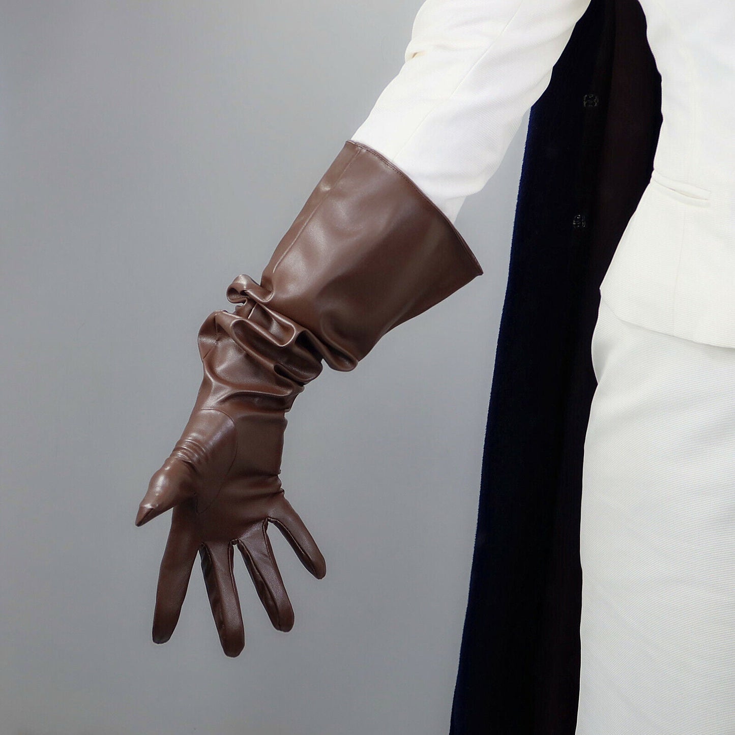 PUFF SLEEVES GLOVES Faux Leather 20" 50cm Long Coffee Dark Deep Brown L Loose