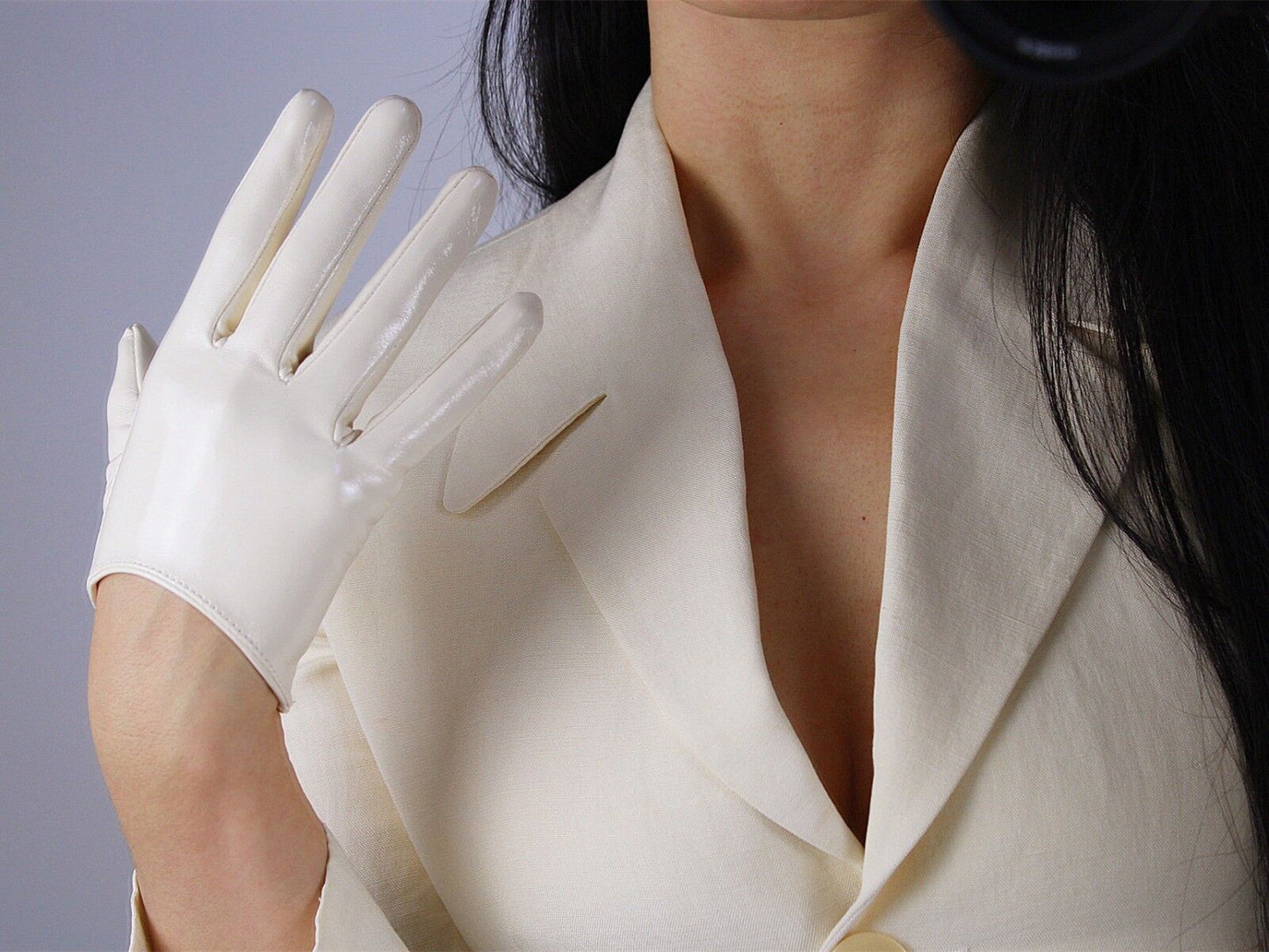 LATEX GLOVES Shine Leather Faux Patent 6" 16cm Short Evening Beige Cream Ivory