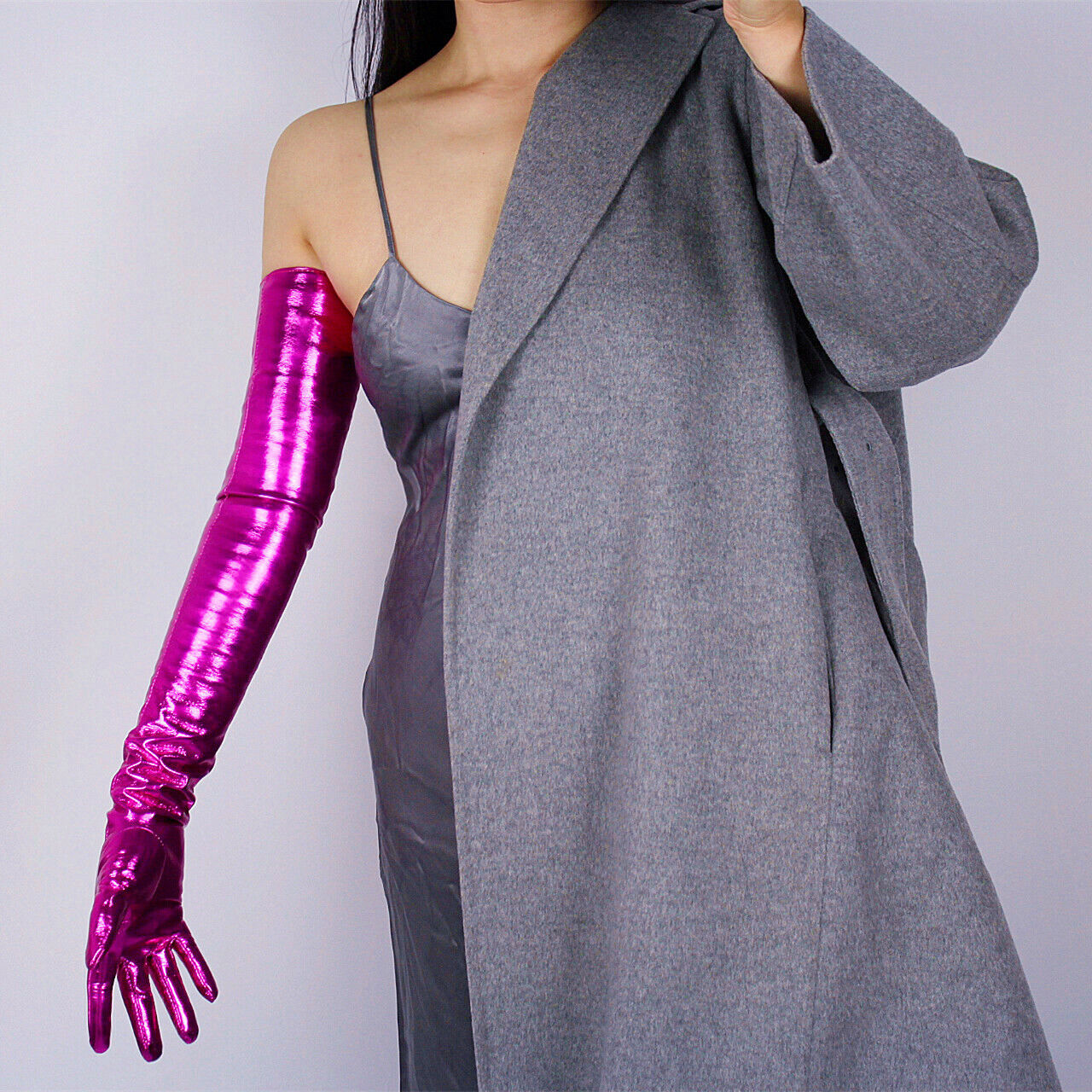 LATEX LONG GLOVES Shine Leather Faux Patent 28" 70cm Fuchsia Rose Pink Magenta