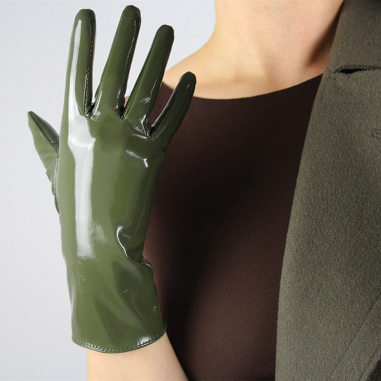 LATEX GLOVES Shine Leather Faux Patent PU 11" 28cm Short Wrist Olive Army Green