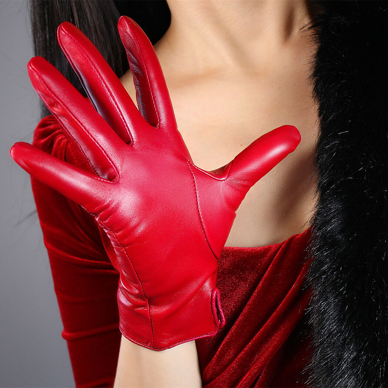 TECH GLOVES Real Leather Red Wrist Short Touchscreen Lambskin Sheepskin 23cm