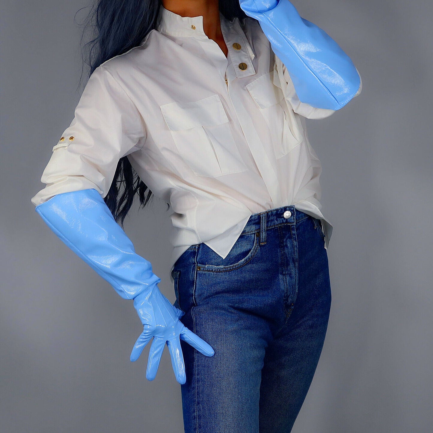 LATEX GLOVES 50cm Extra Long Puff Unisex Shine Leather Faux Patent POWDER BLUE