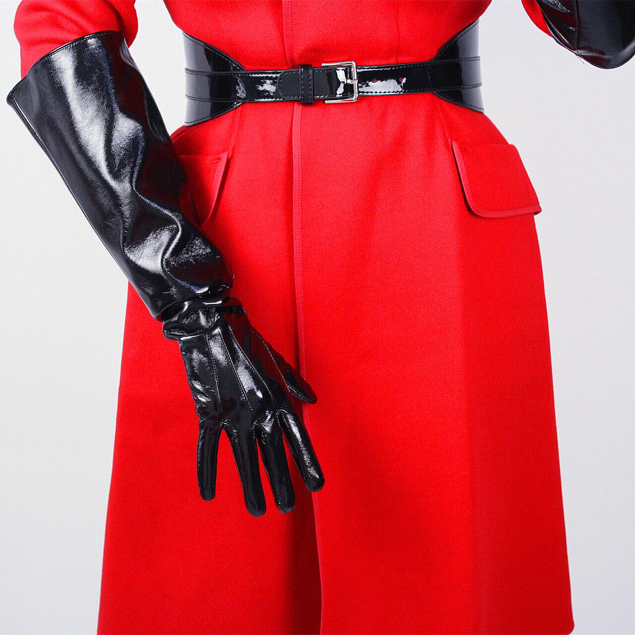 PATENT LONG GLOVES Unisex Faux Leather Elbow 50cm Large Shine Black PUFF SLEEVES