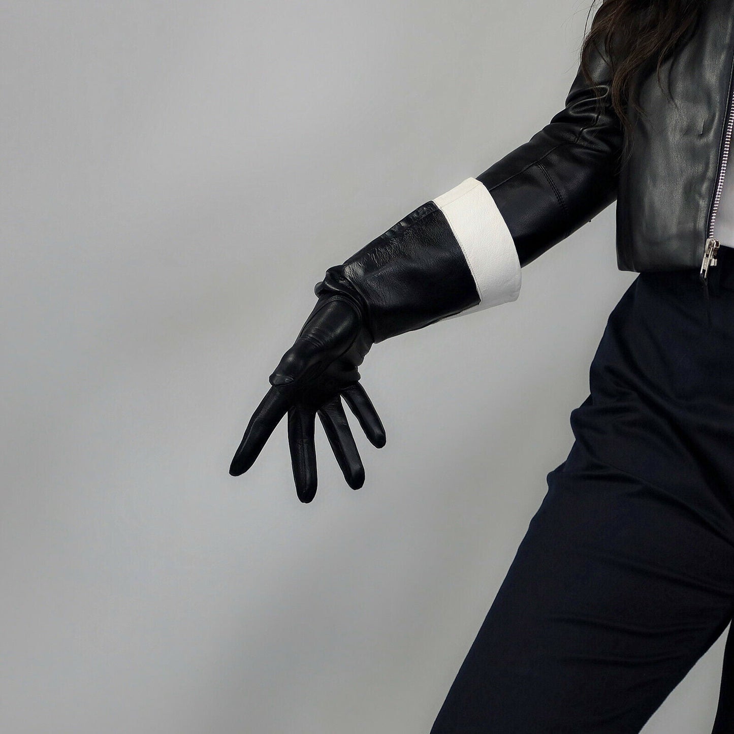 REAL LEATHER TECH LONG GLOVES Unisex Black and White Trim 38cm Puff Sleeves L