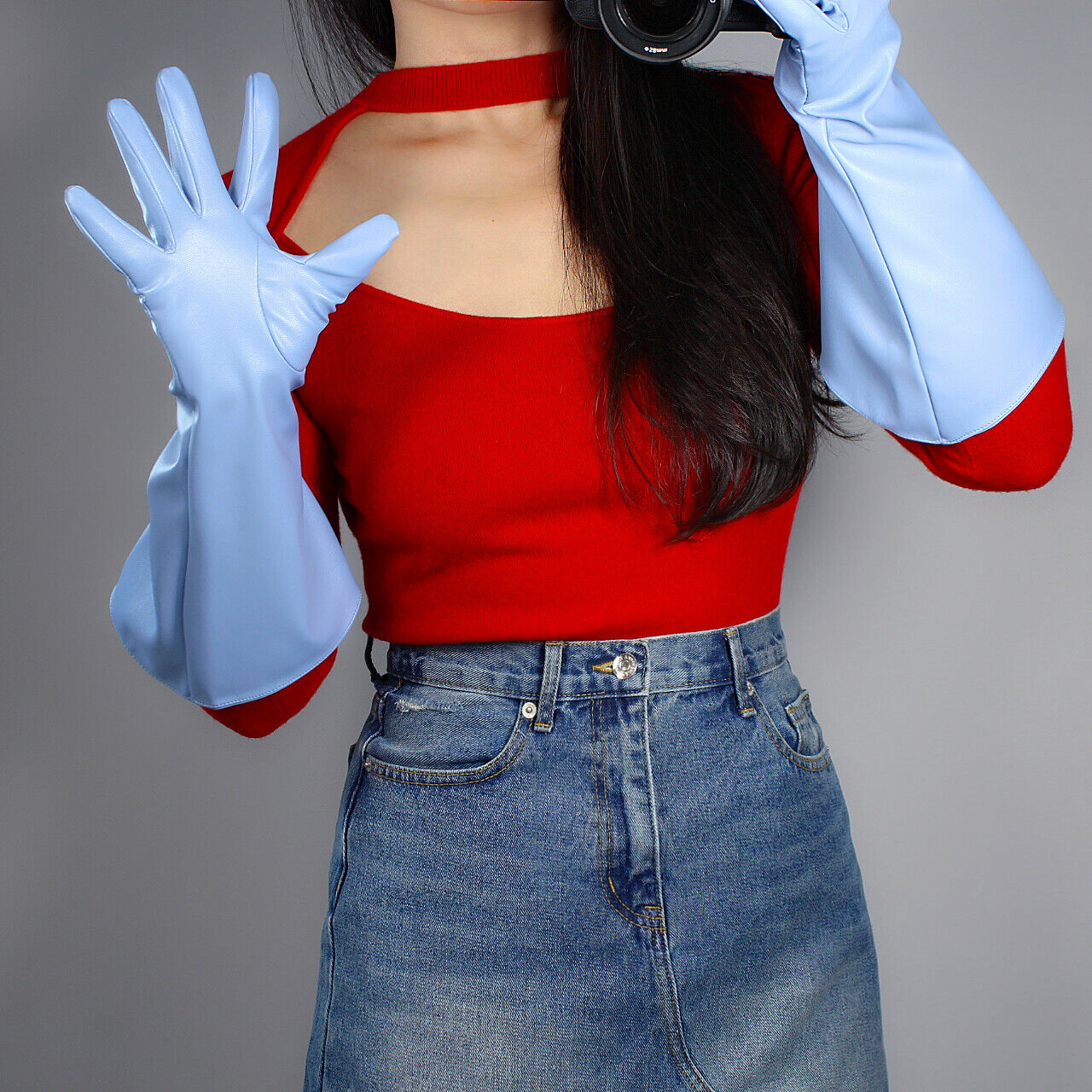 LONG GLOVES Unisex POWDER BLUE Faux Leather 38cm Wide Balloon Puff Sleeves L