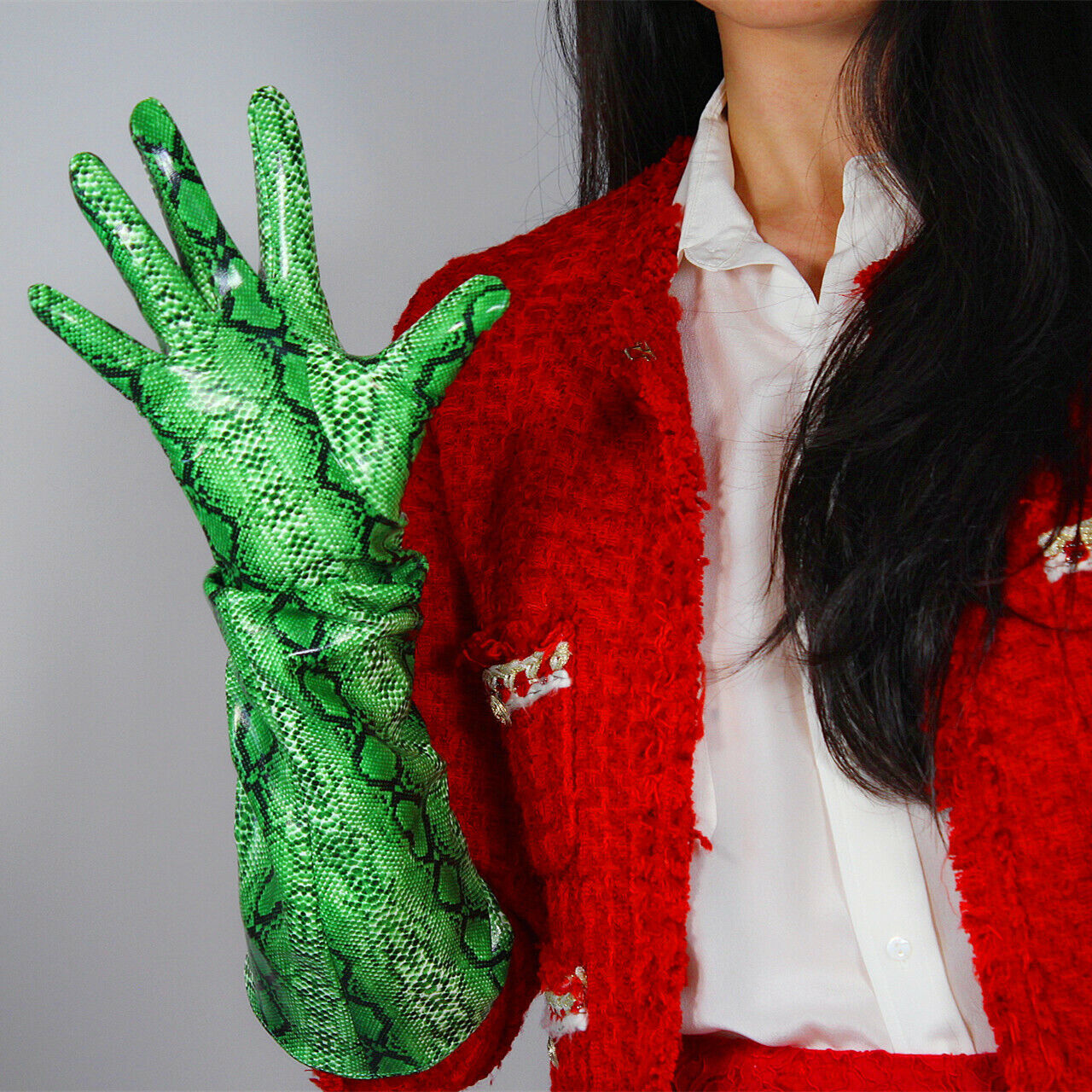 PATENT LONG GLOVES Unisex Large Elbow Green Snakeskin Thanos Infinity Gauntlet