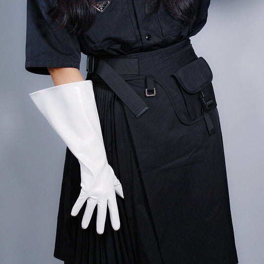 PATENT LONG GLOVES Unisex Faux Leather Wide Balloon Puff Sleeves L White 38cm