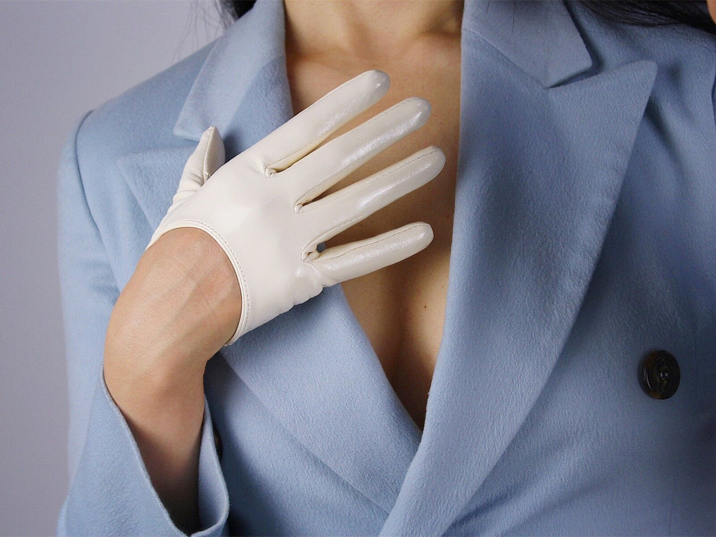 LATEX GLOVES Shine Leather Faux Patent PU 5" 13cm Short Evening Ivory Cream