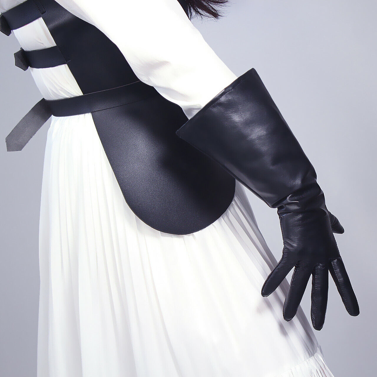 REAL LEATHER TECH LONG GLOVES Unisex Black 38cm Wide Balloon Puff Sleeves Large