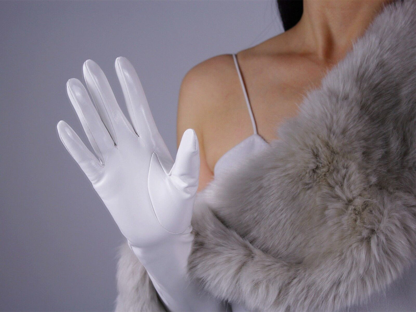 LATEX LONG GLOVES Shine Leather Faux Patent PU 24" 60cm Stretch Bright White