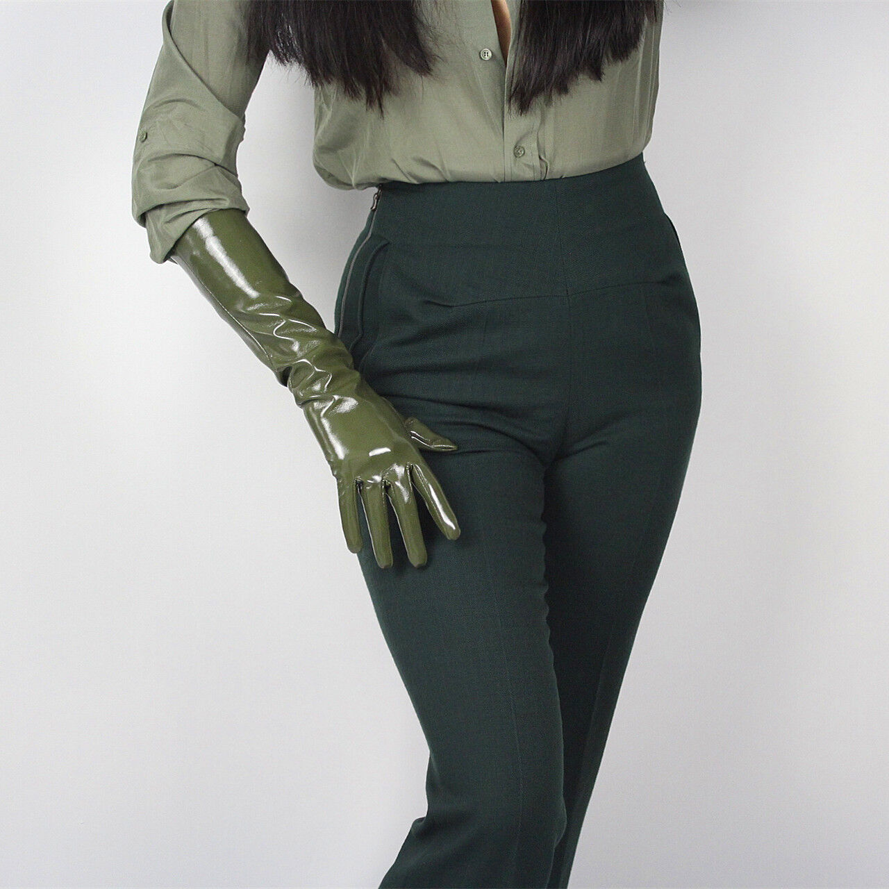 LATEX LONG GLOVES Shine Leather Faux Patent PU 16" 40cm Opera Olive Army Green