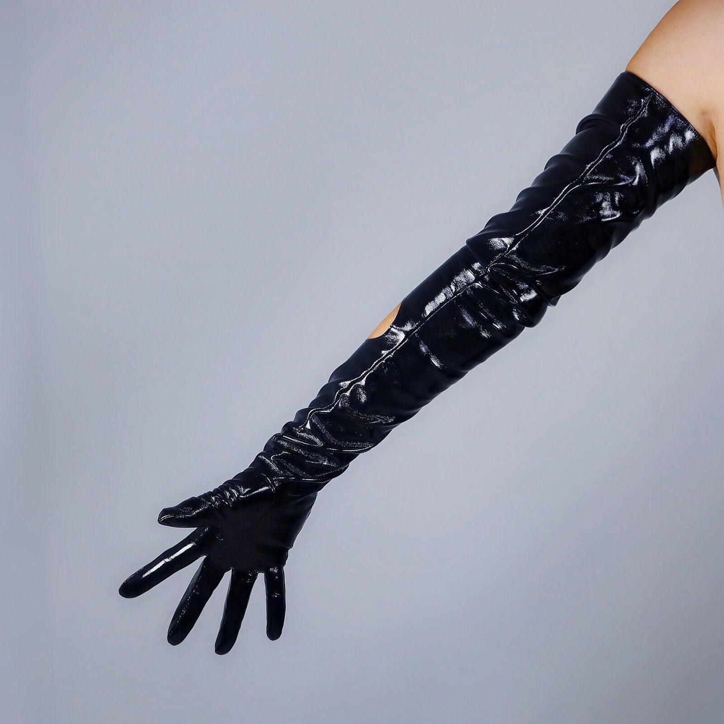 CUT OUT LONG GLOVES Patent Faux Leather 28" 70cm Shine Black Extra Long Circle