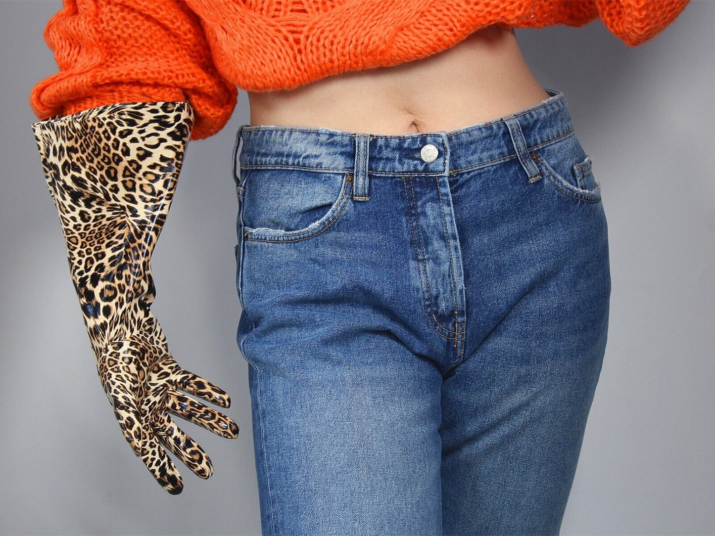 PATENT LONG GLOVES Unisex Faux Leather Wide Balloon Puff Sleeves L Leopard 38cm