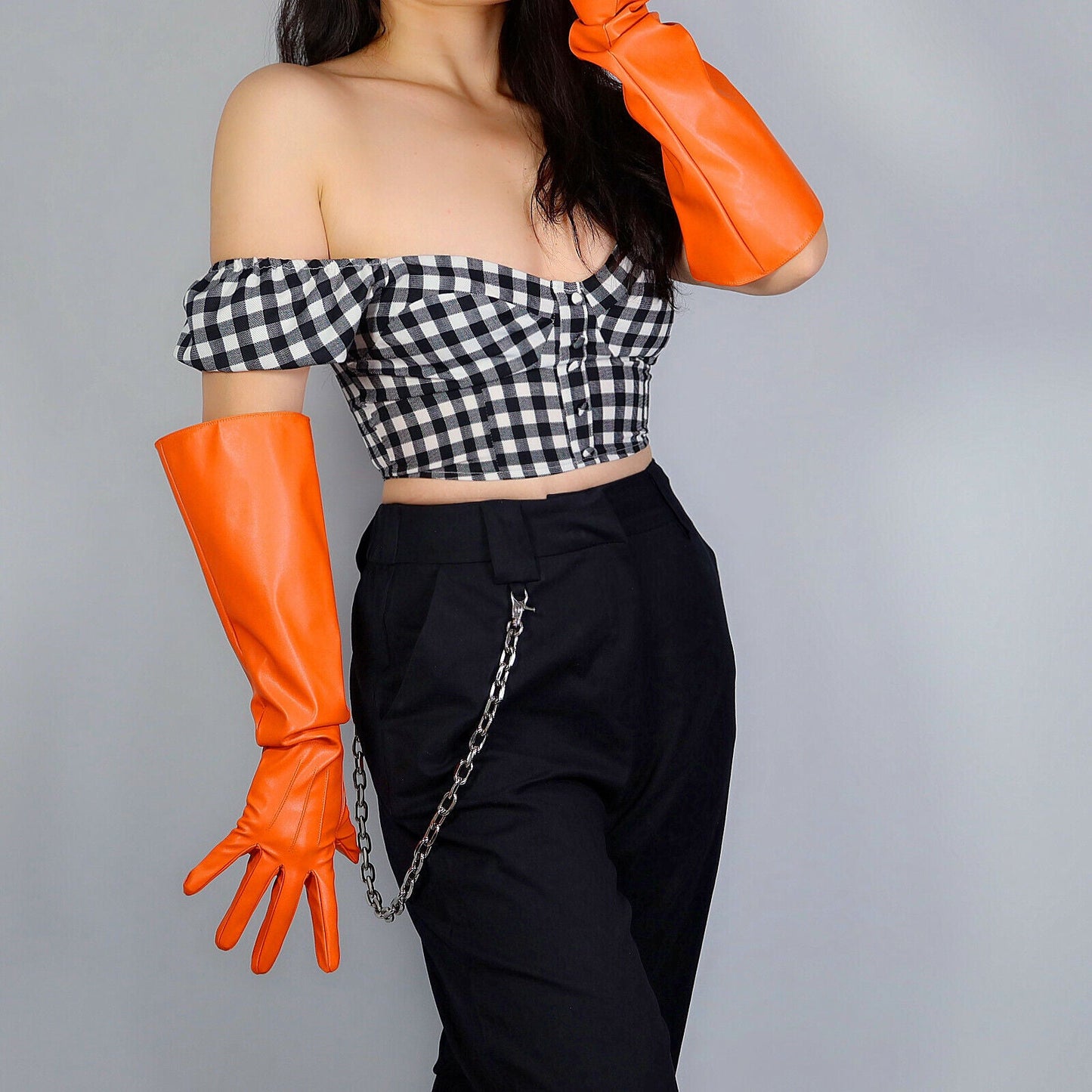 LONG FASHION GLOVES Faux Leather PU 20" 50cm Orange Unisex Loose PUFF SLEEVES L