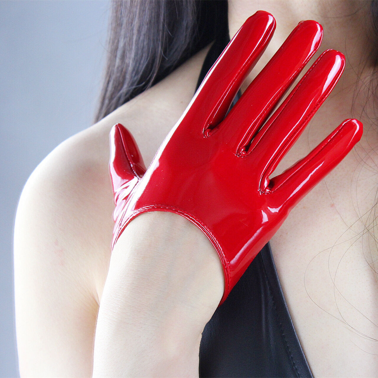 Shine Leather Faux Patent Leather Extra Short Gloves Red Cosplay Gothic Latex