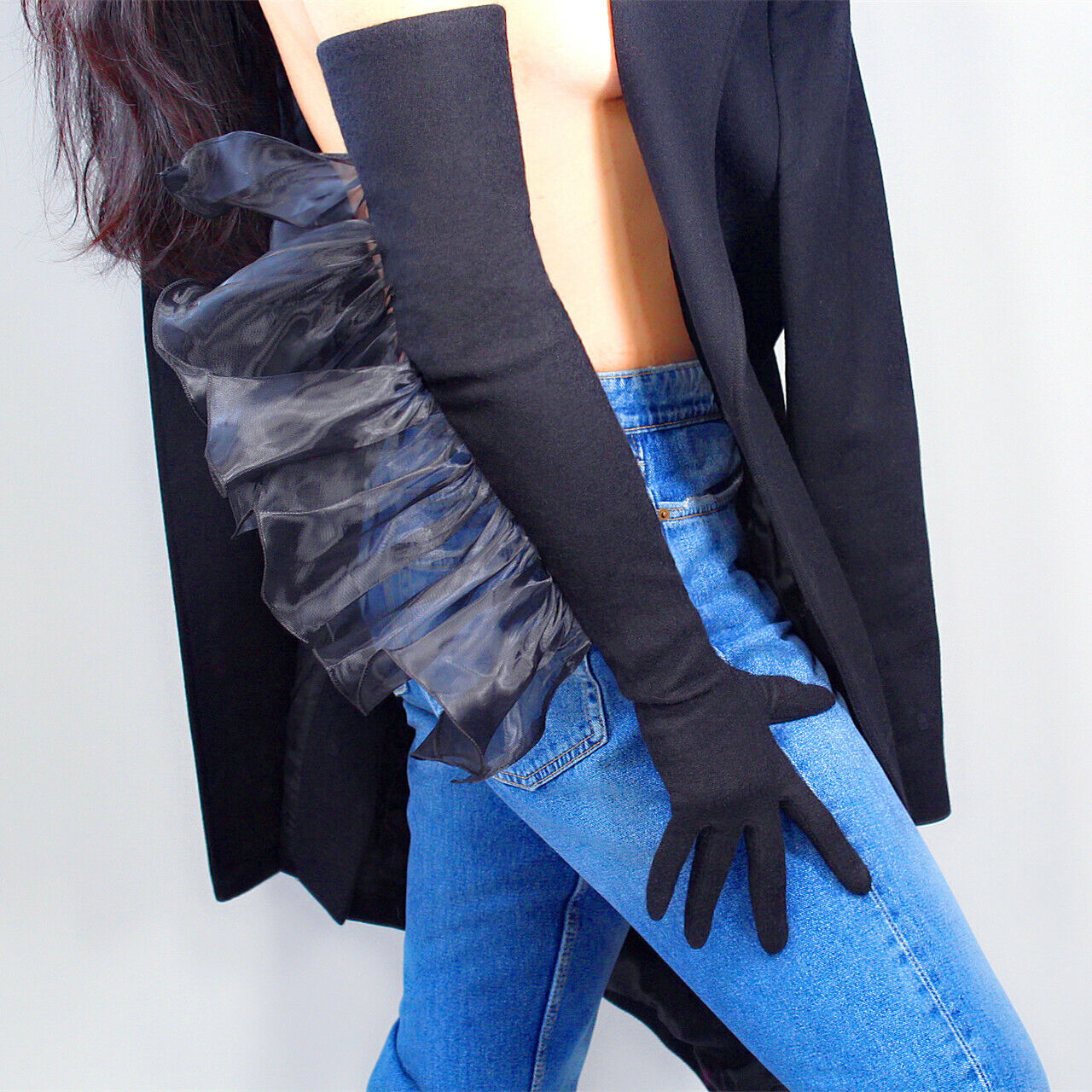 SHEER WINGS Cashmere Merino Wool Gloves 28" 70cm Long Arm Warmers Sleeves Black