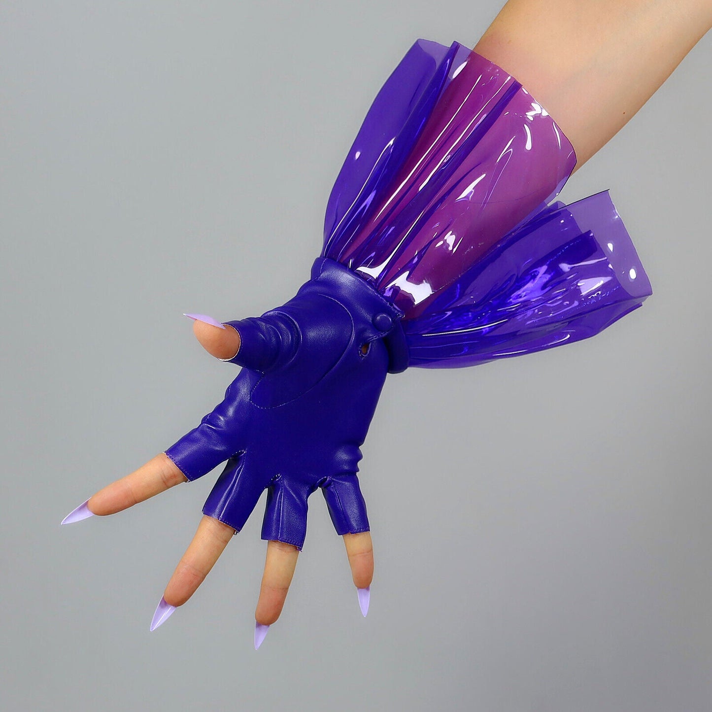 CLEAR GLOVES PVC Ruffle Faux Leather Purple Short Plastic Fingerless Half Finger