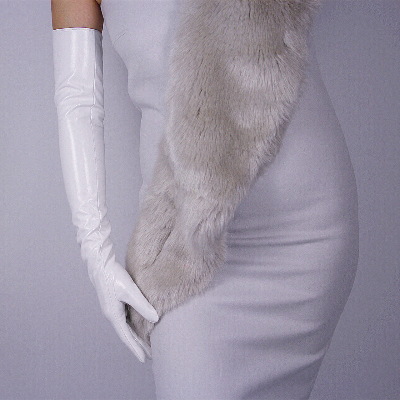 LATEX LONG GLOVES Shine Leather Faux Patent PU 24" 60cm Stretch Bright White