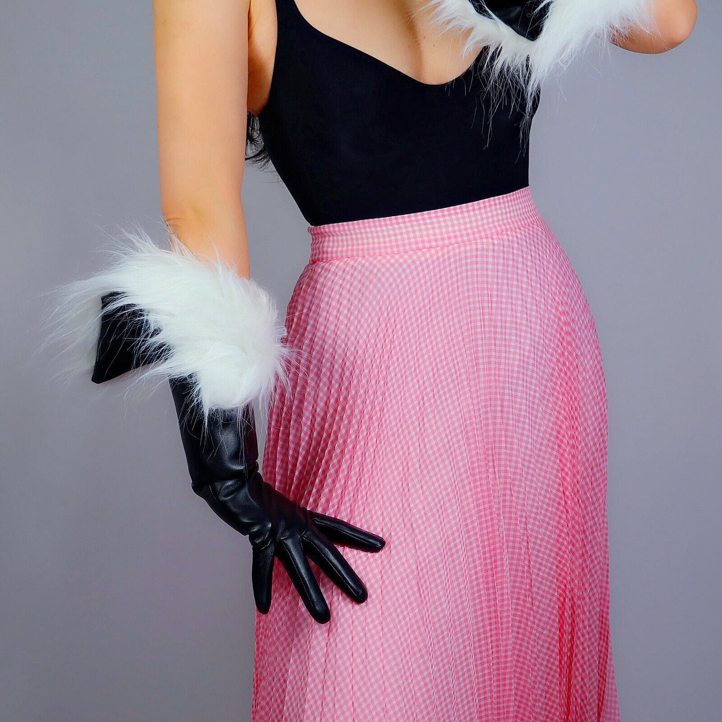 TECH LONG GLOVES Unisex Black Faux Leather 50cm Fur Lining Extra Warm for Winter