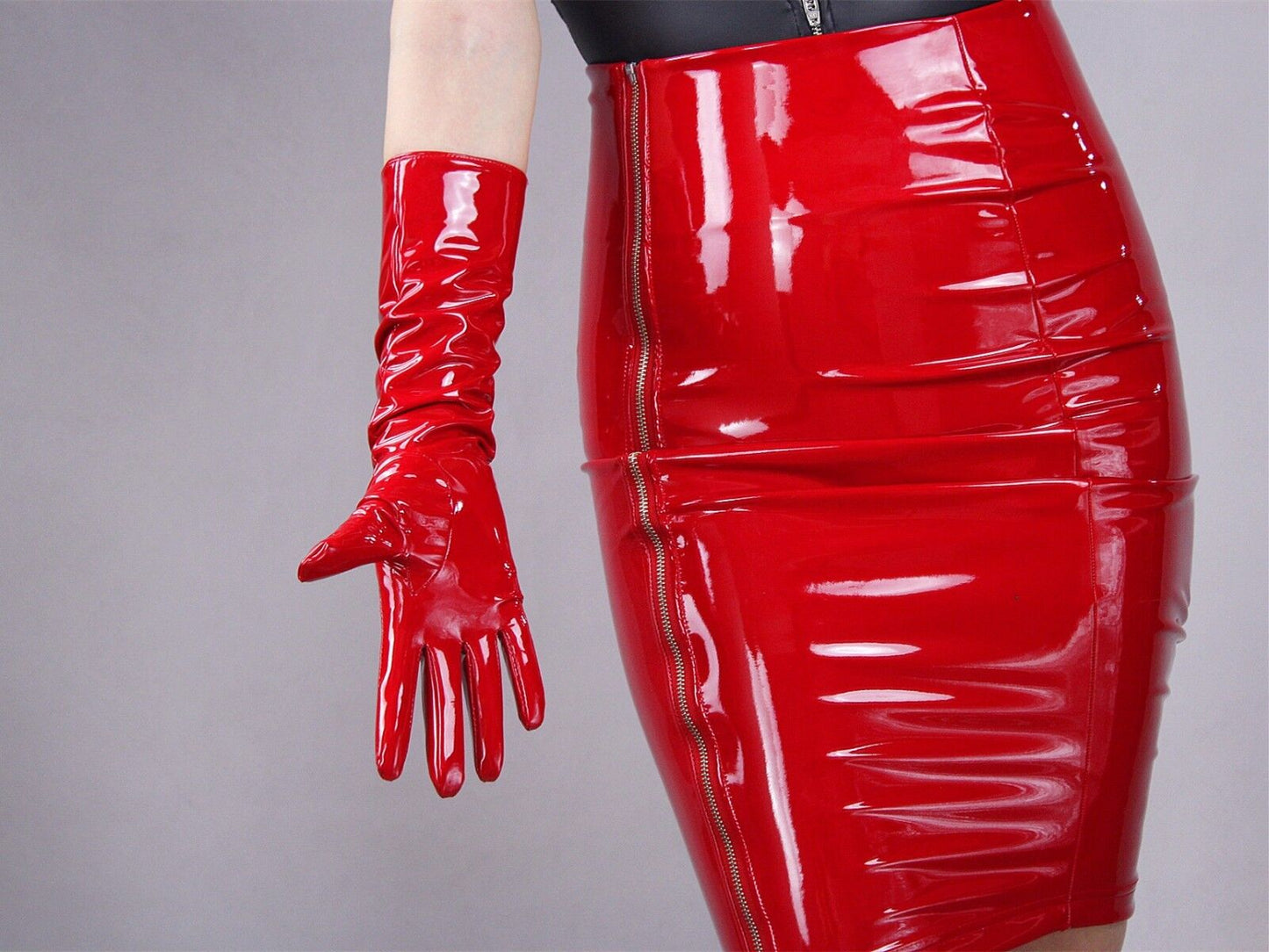 LATEX GLOVES Shine Red Faux Patent Leather 16" 40m Long Black Cosplay Gothic