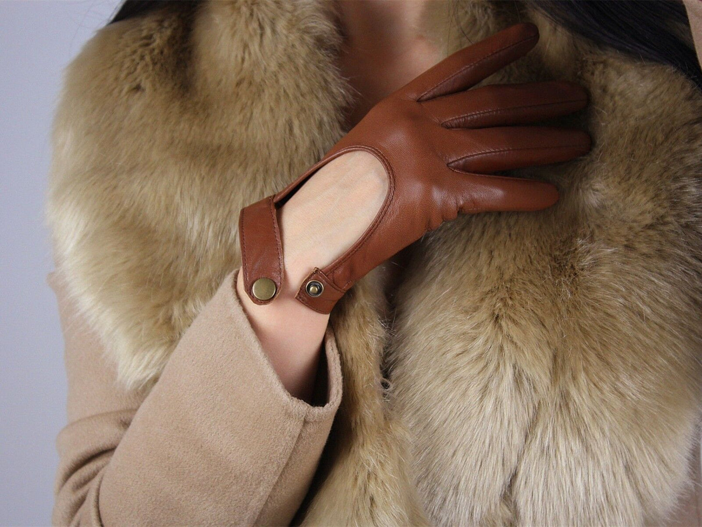 TECH GLOVES Real Leather Short Lambskin Sheepskin Brown Tan Camel Beige Caramel