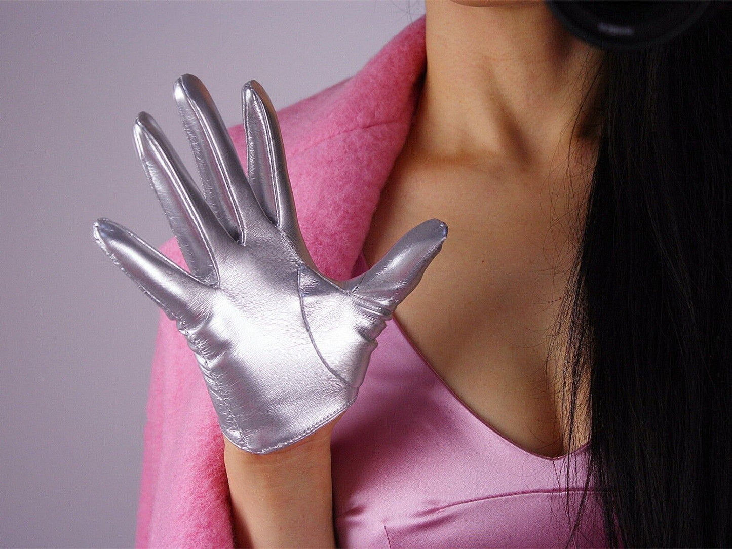 LATEX GLOVES Shine Leather Faux Patent PU 6" 16cm Short Opera Evening Silver