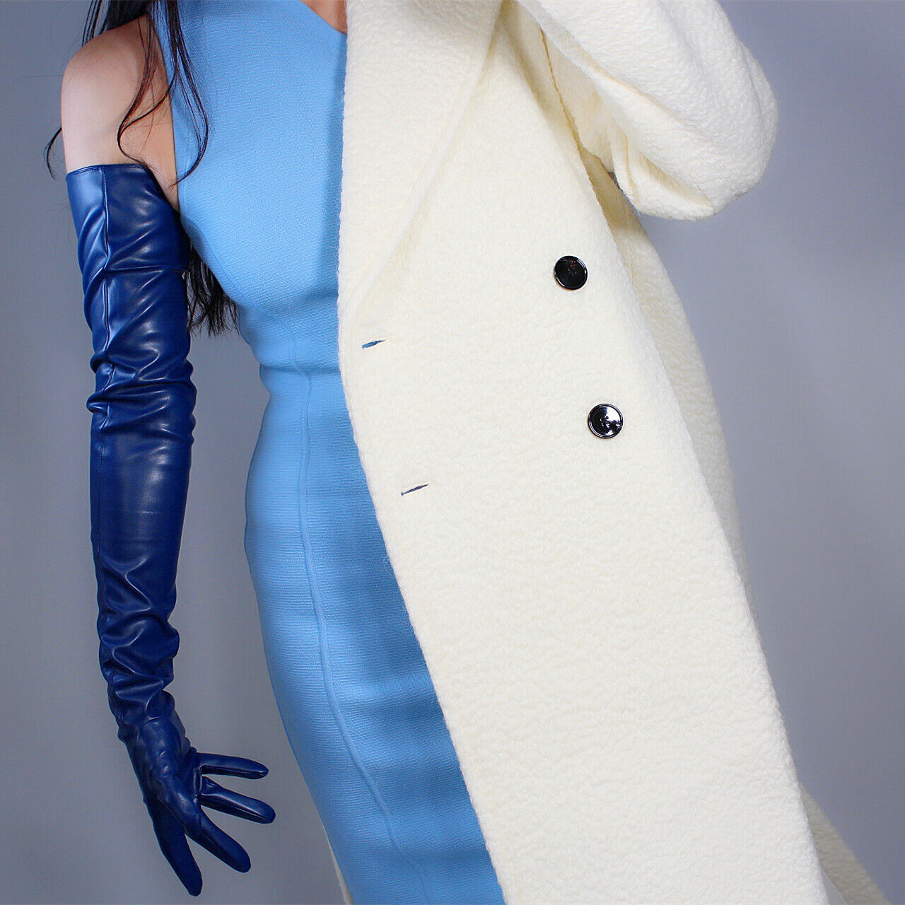 EXTRA LONG FASHION GLOVES Faux Leather Sheepskin PU 28" 70cm Evening Blue Navy