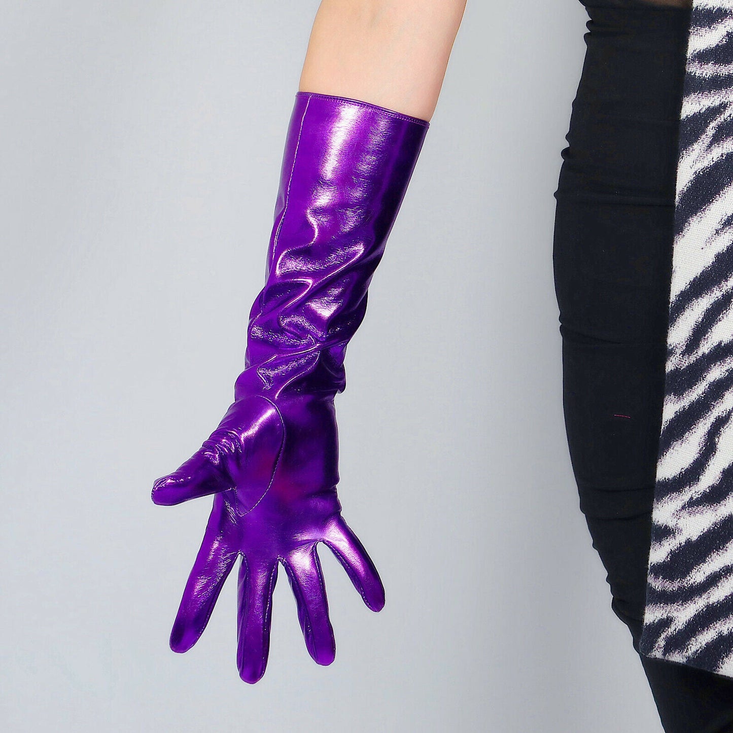 LATEX LONG GLOVES Faux Shine Patent Leather 16" 40cm Shine Purple Slim Fitted