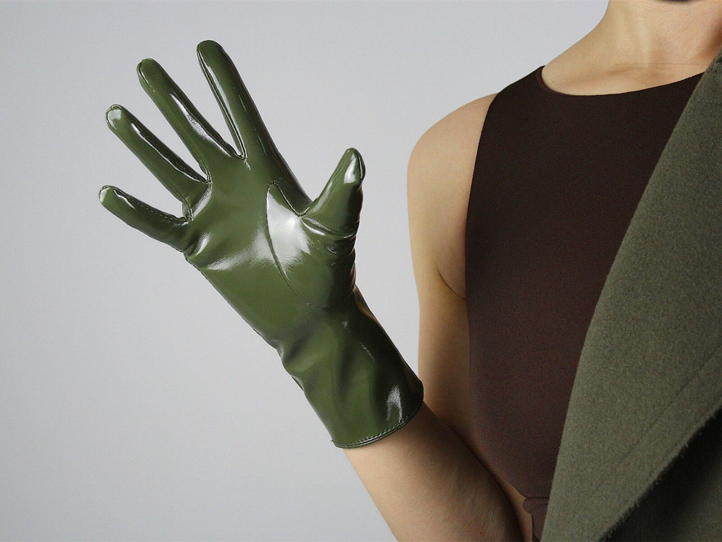 LATEX GLOVES Shine Leather Faux Patent PU 11" 28cm Short Wrist Olive Army Green