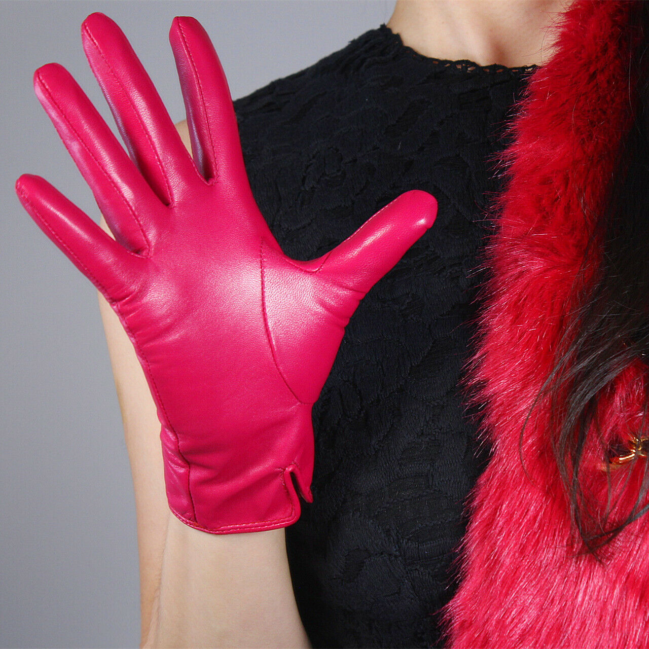 REAL LEATHER GLOVES Wrist Short Lambskin Sheepskin 23cm Hot Pink Rose Magenta