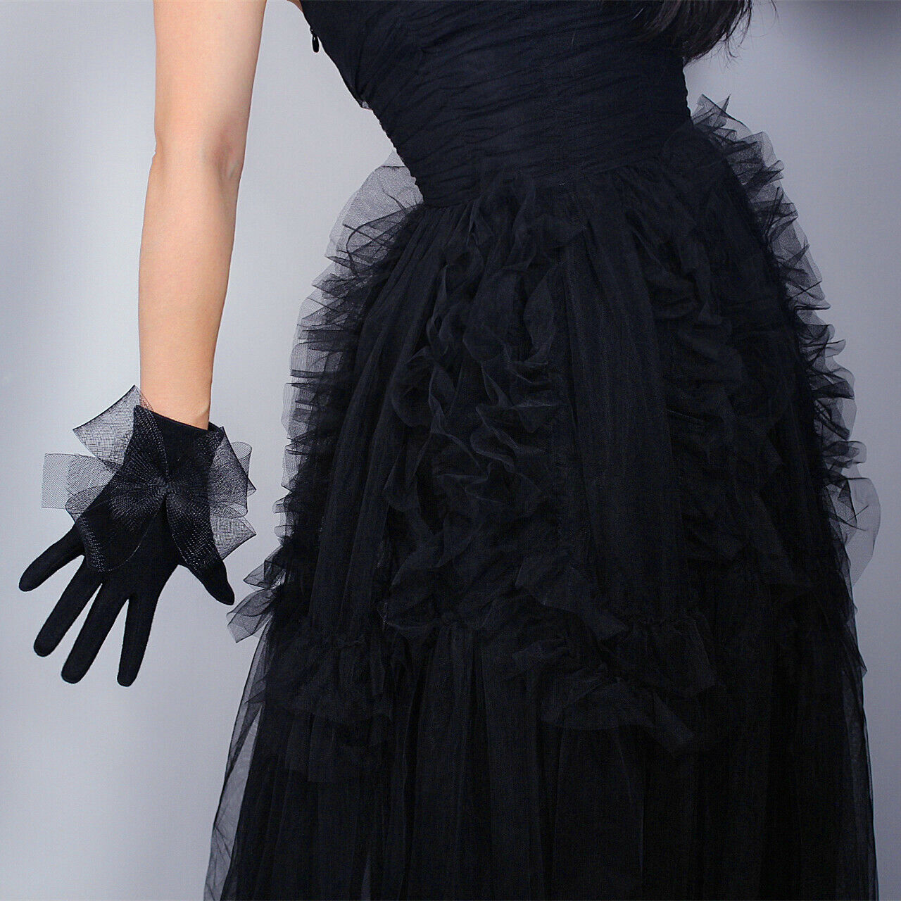 WOOL GLOVES w/ Extra Large Tulle Bows Black Lace Flower Knitting Dress Gloves