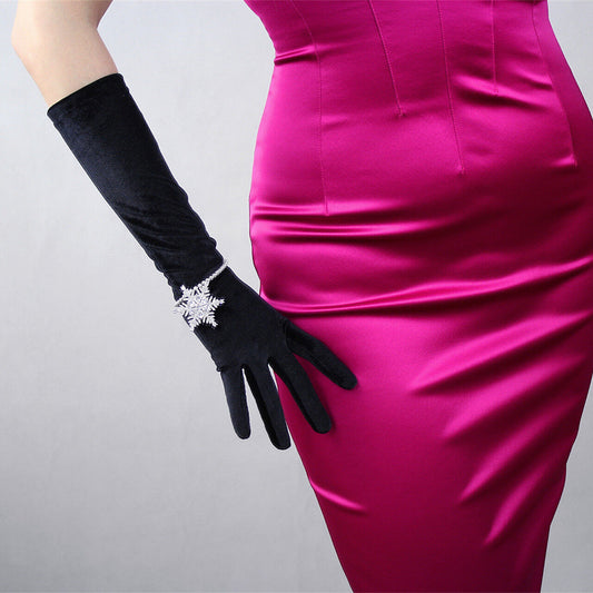 Velvet Gloves Elbow Long Elastic Stretch Velours Flannel Black Touchscreen 40cm