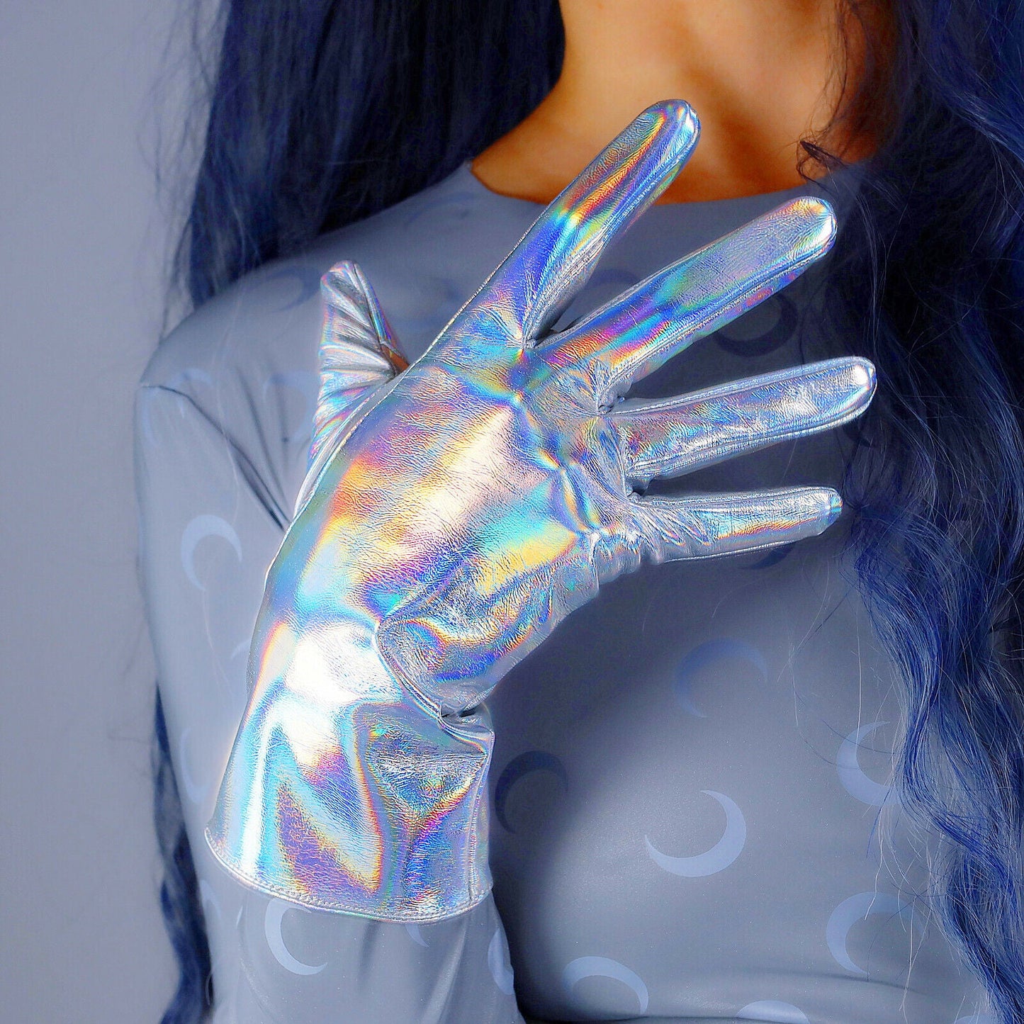 LATEX GLOVES Faux Patent Leather 11" 28cm Short Hologram Silver Mermaid Rainbow