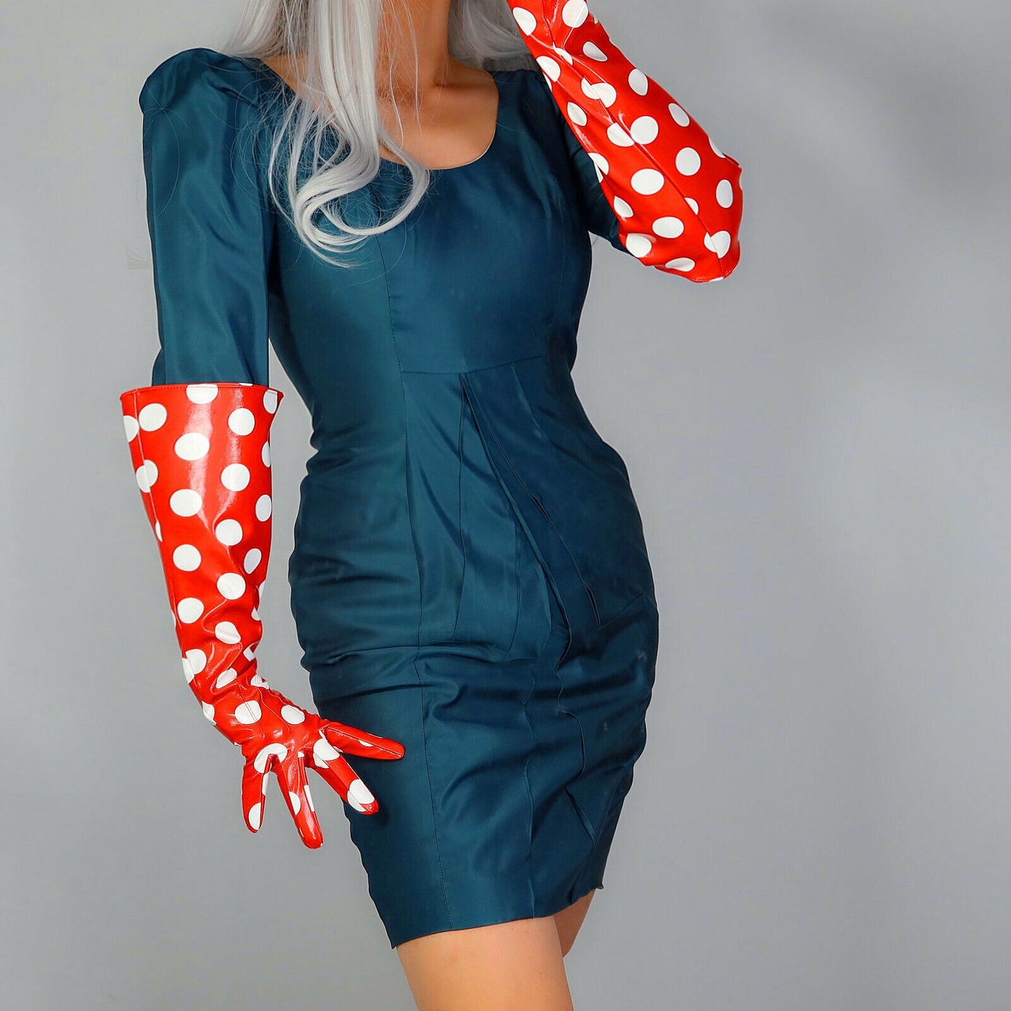 LATEX LONG GLOVES Faux Shine Patent Leather 20" 50cm Polka Dot Red PUFF SLEEVES