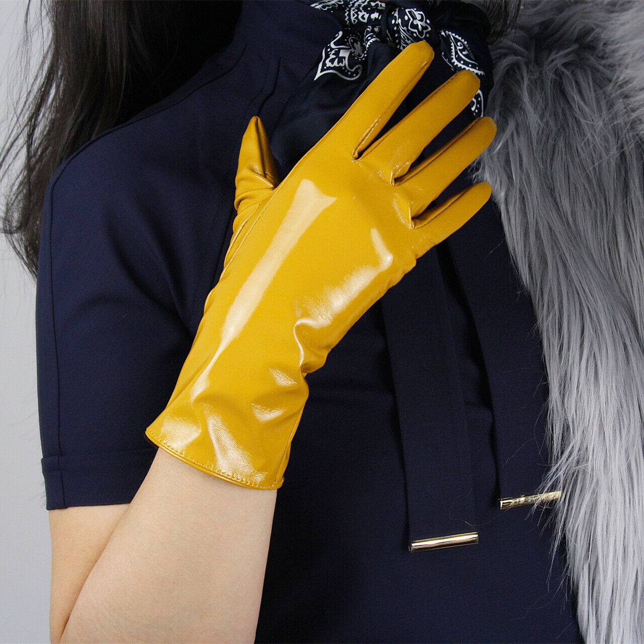 LATEX SHORT GLOVES Shine Leather Faux Patent PU 11" 28cm Wrist Ginger Yellow