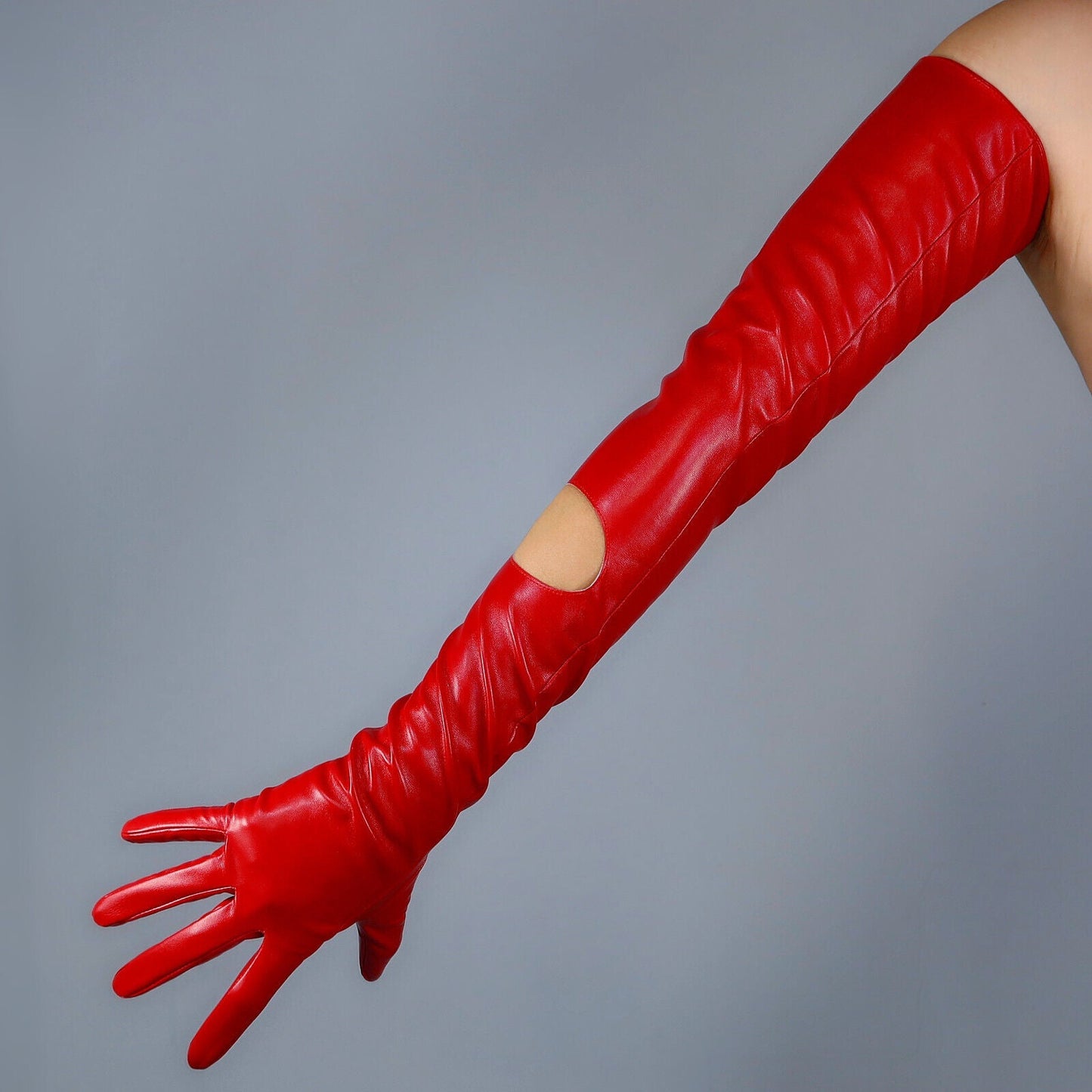 CUT OUT LONG GLOVES Faux Leather PU 28" 70cm Red Extra Long Fitted Circle