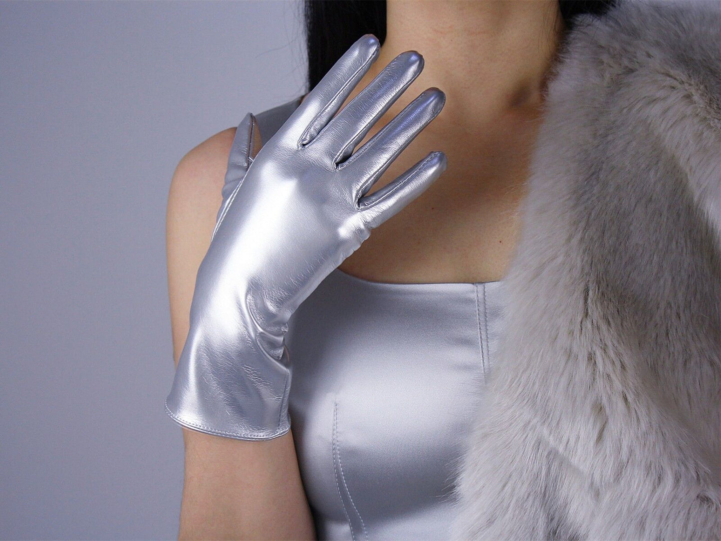 LATEX GLOVES Shine Leather Faux Patent PU 11" 28cm Short Everyday Daily Silver