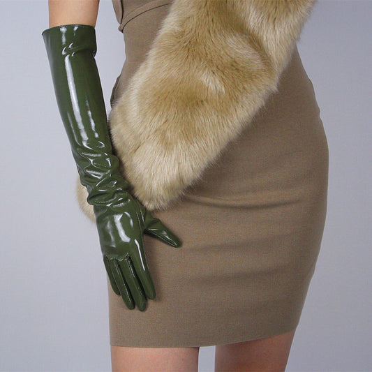 LATEX LONG GLOVES Shine Leather Faux Patent PU 20" 50cm Fashion Olive Army Green