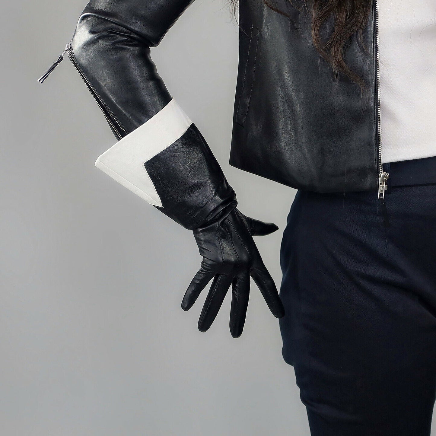 REAL LEATHER TECH LONG GLOVES Unisex Black and White Trim 38cm Puff Sleeves L