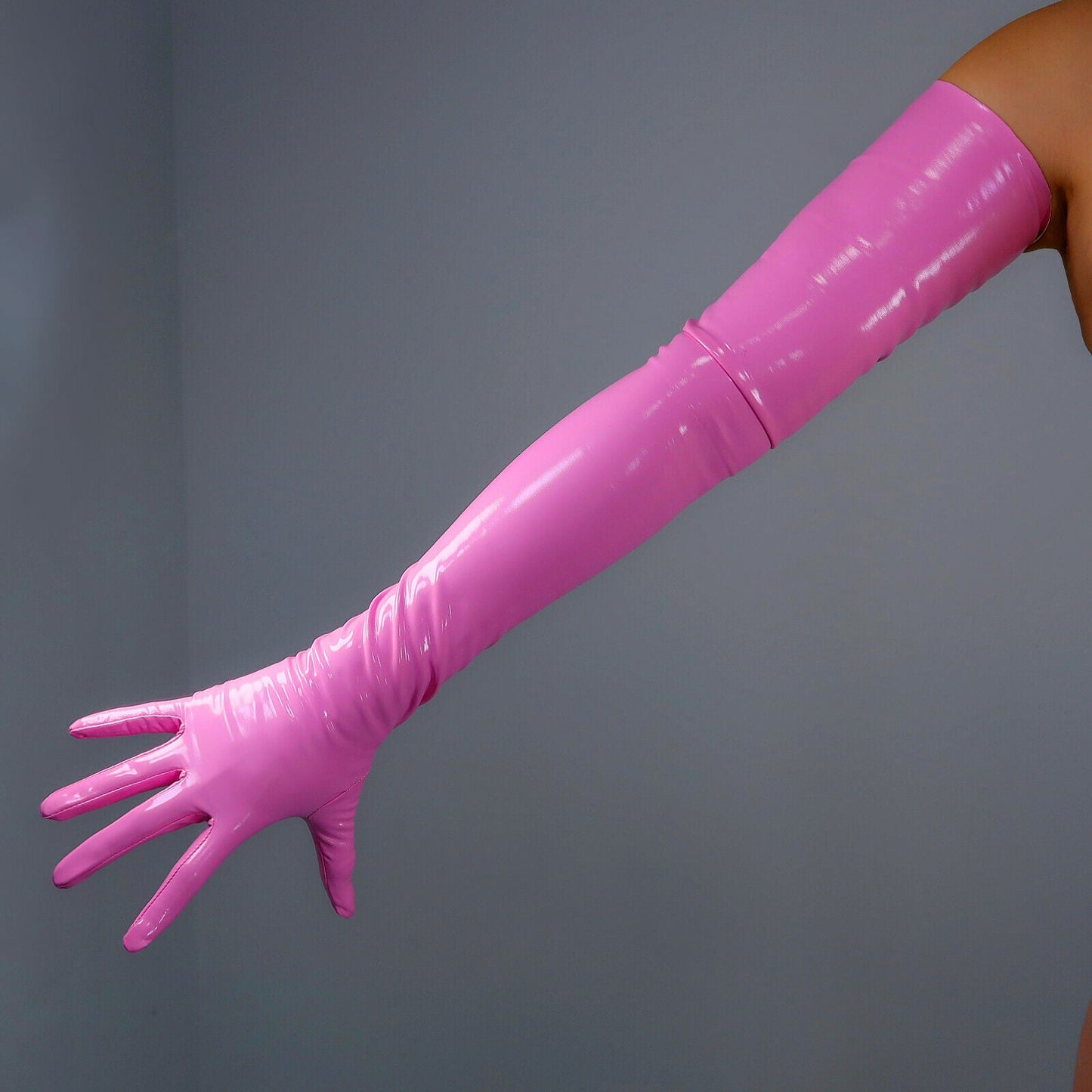 LATEX GLOVES Long Extra Thin Faux Leather 28" 70cm Shine Pastel Pink FITTED