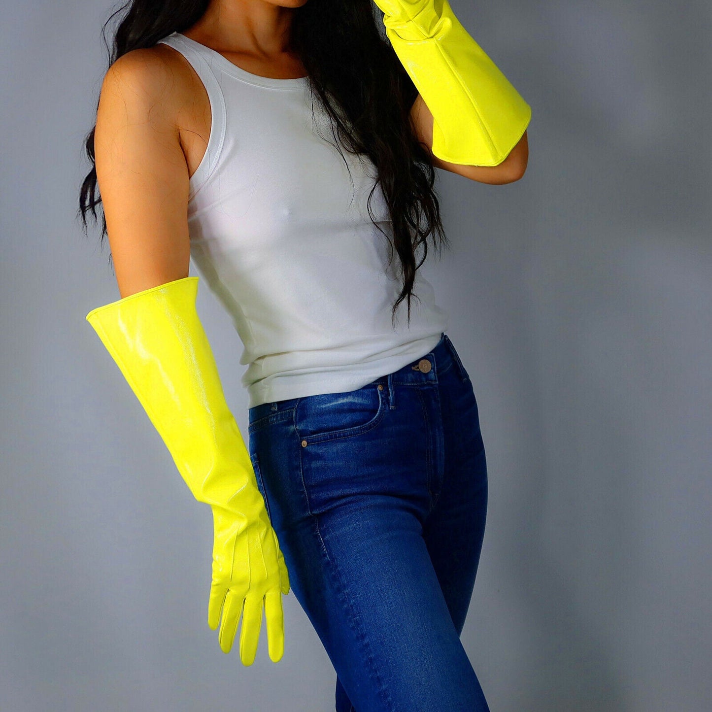 LATEX GLOVES 50cm Puff Long Shine Leather Faux Patent Lime Fluorescent Yellow