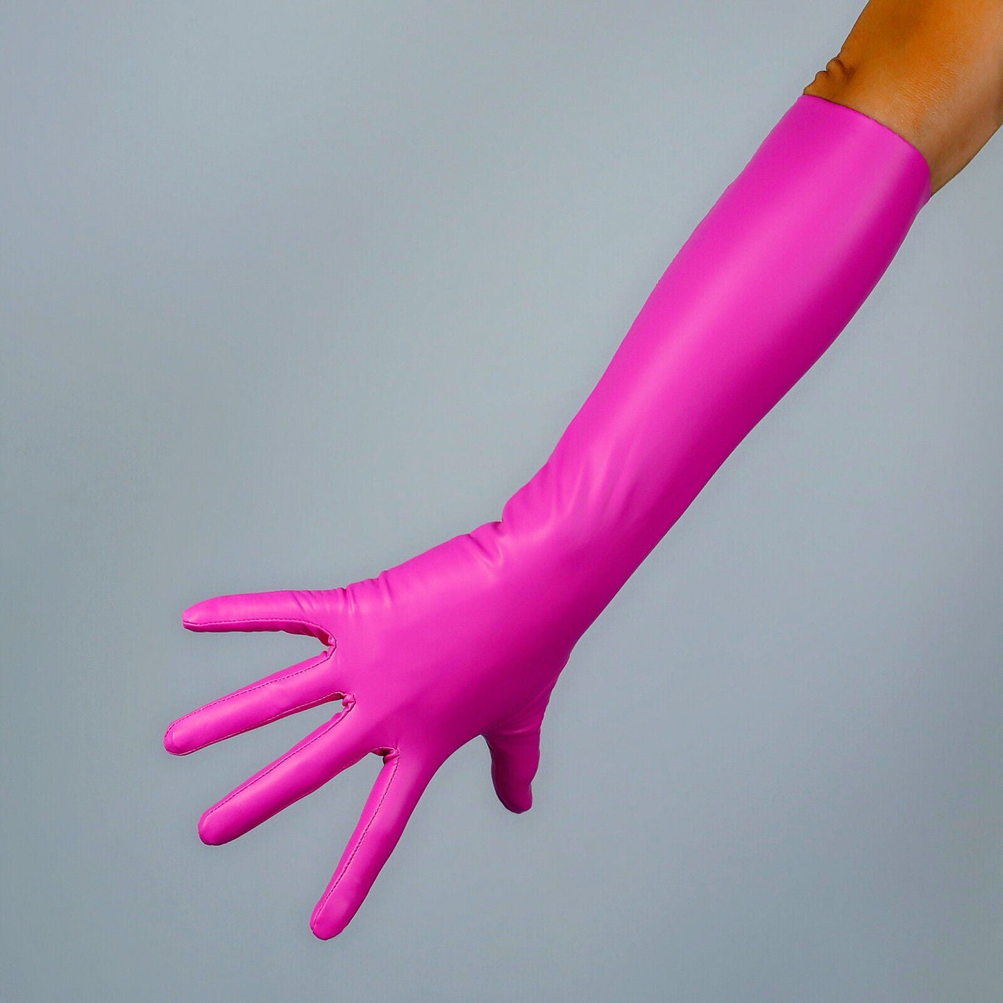 LATEX GLOVES Thin Faux Leather 16" 40cm Matt Rose Pink Magenta Red LONG FITTED