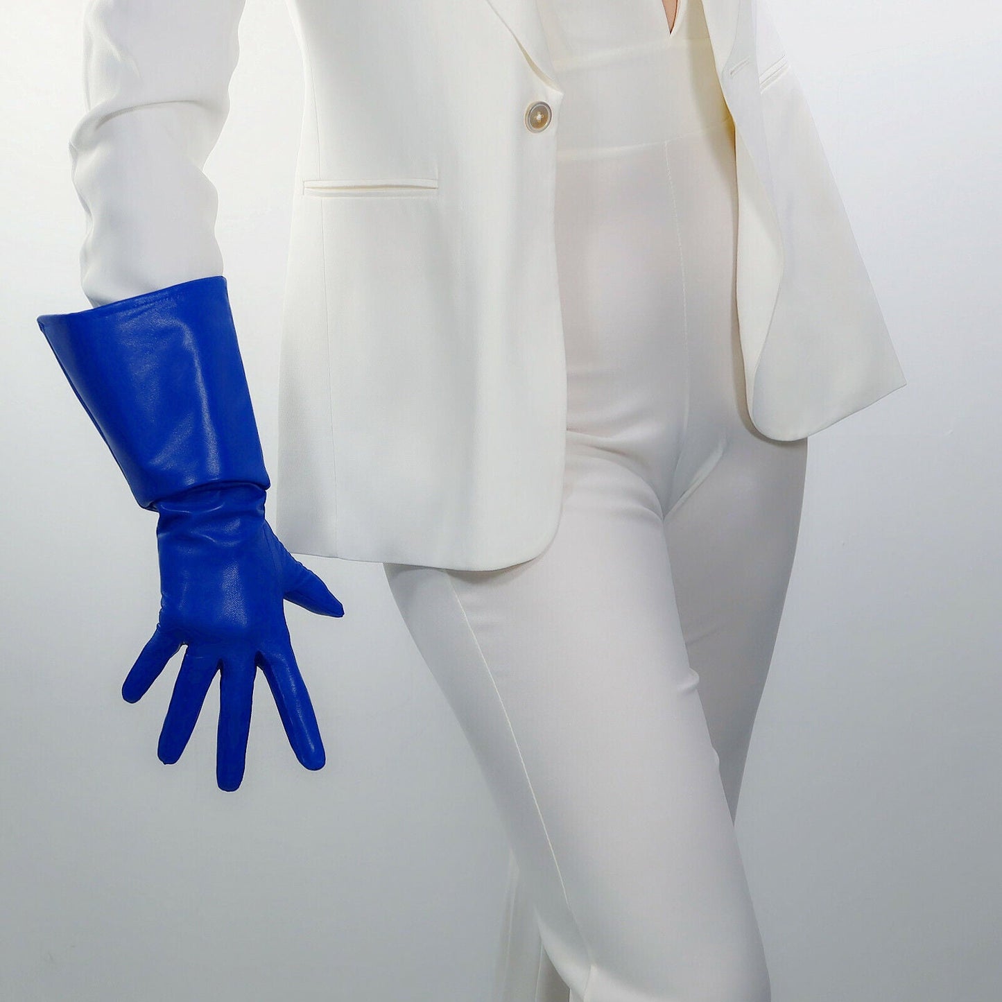 REAL LEATHER TECH LONG GLOVES Unisex Klein Blue IKB 38cm Wide Puff Sleeves Large