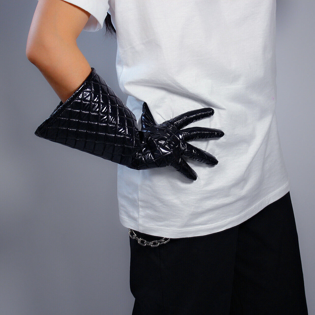 PUFFER GLOVES Unisex Black 40cm Long Balloon Sleeves Down Quilted Lined Winter