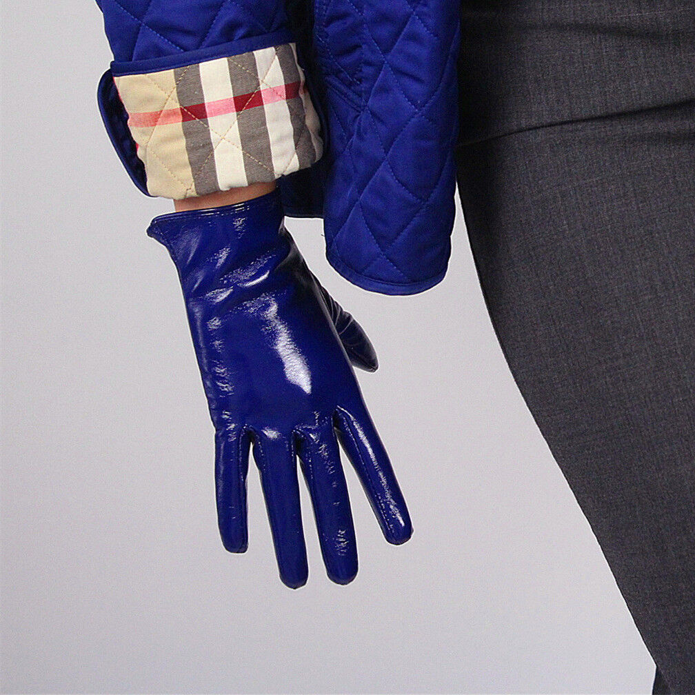 LATEX SHORT GLOVES Shine Leather Faux Patent PU 8" 21cm Everyday Cobalt Blue